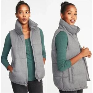 Old Navy Gray Textured Frost-Free Full Zip Puffer Vest High Neck Size Medium Ski
